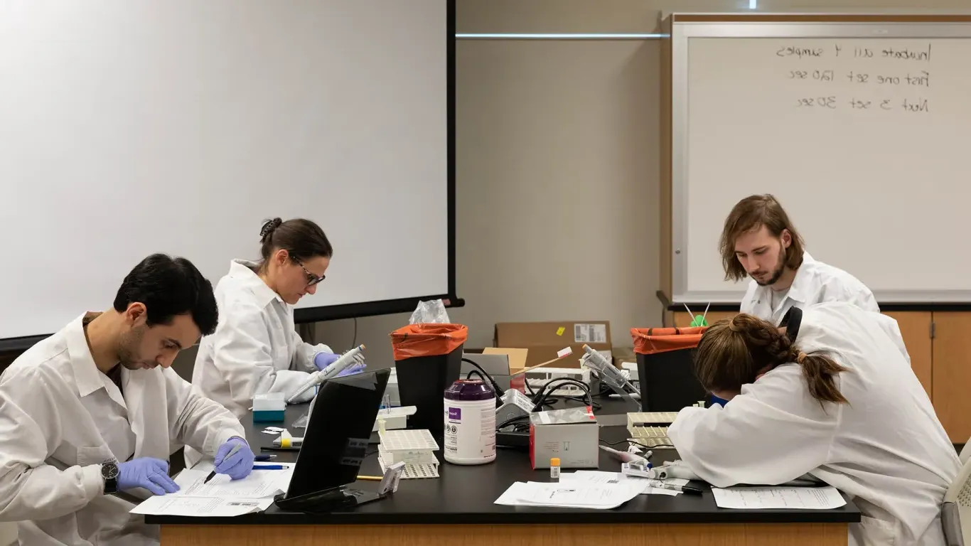 four students working at a table in the medical lab technology lab